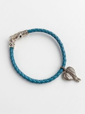 JAI Turquoise Blue Braided Leather Bracelet with Silver Angle Wings Charm (NEW)